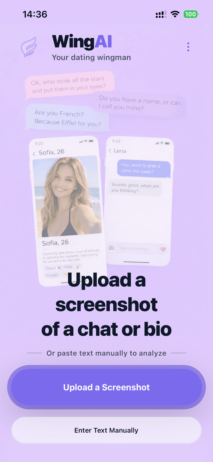 ChatWing home screen showing reply suggestions